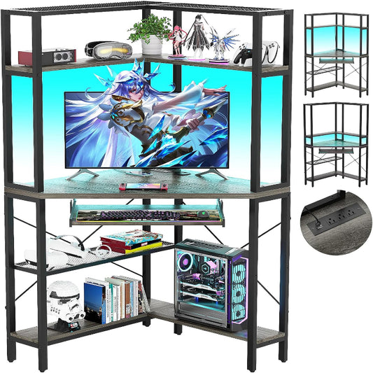 (New Open Box) Cyclysio Small Corner Desk with Hutch, Corner Gaming Desk with LED Light & Power Outlets, Computer Desk with Keyboard Tray, Triangel Desk for Small Space, Home Office, Workstation, Grey