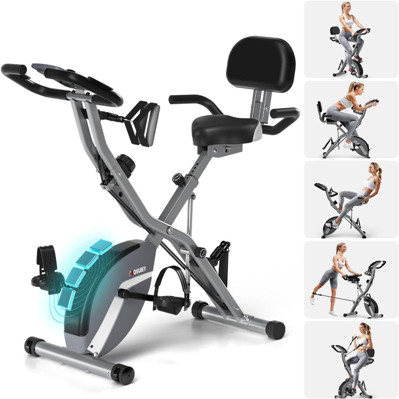 (New Open Box) MOSUNY 5-in-1 Folding Exercise Bike | 350 LBS • 16-Level Magnetic Resistance • Super-Silent