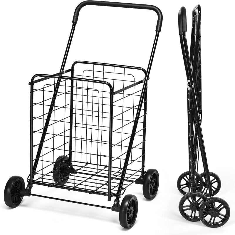 (New Open Box)  Heavy-Duty Folding Shopping Cart | 22 Gal Metal Basket • Large Wheels • Utility Rolling Cart