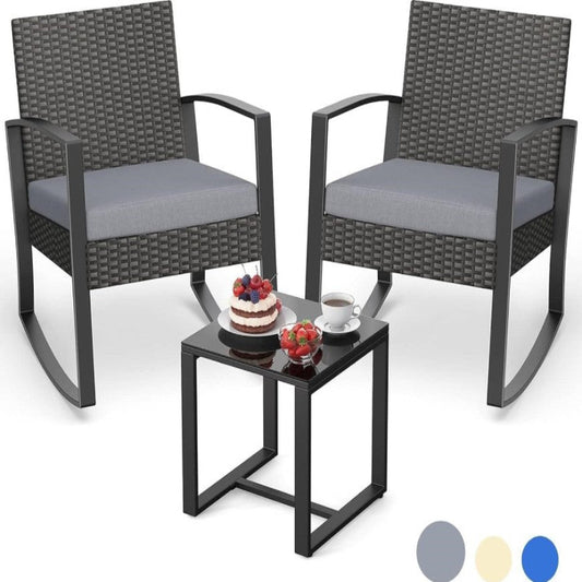 (New Open Box) 3-Piece Patio Rocking Chair Set | Rattan Conversation Set • Gray Cushions • Glass Table