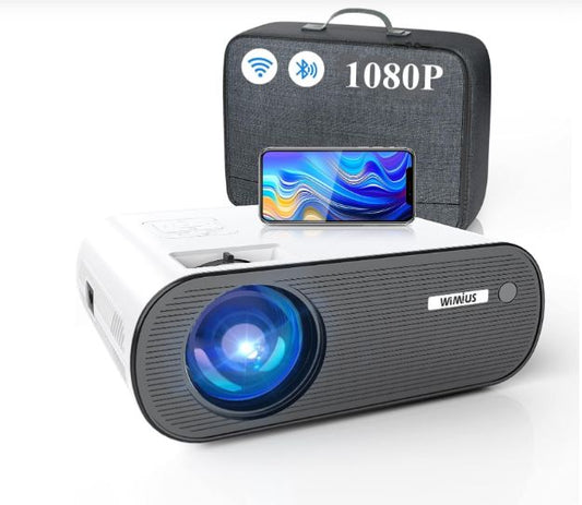 WiMiUS K5 WiFi Bluetooth Projector - 1080P, 200'' Screen, Carry Bag, Home Theater, HDMI, AV, PS4, iOS, Android