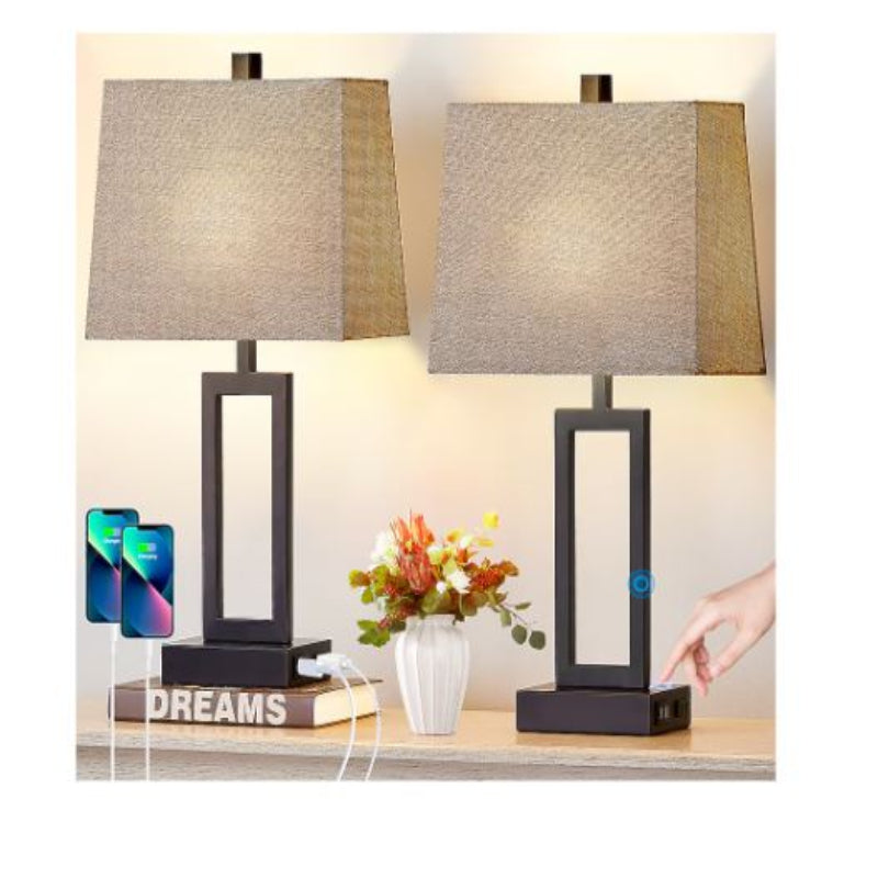 (Brand New)  23-in Black LED Touch Table Lamp Set of 2 | Grey Linen Shade | TD-159