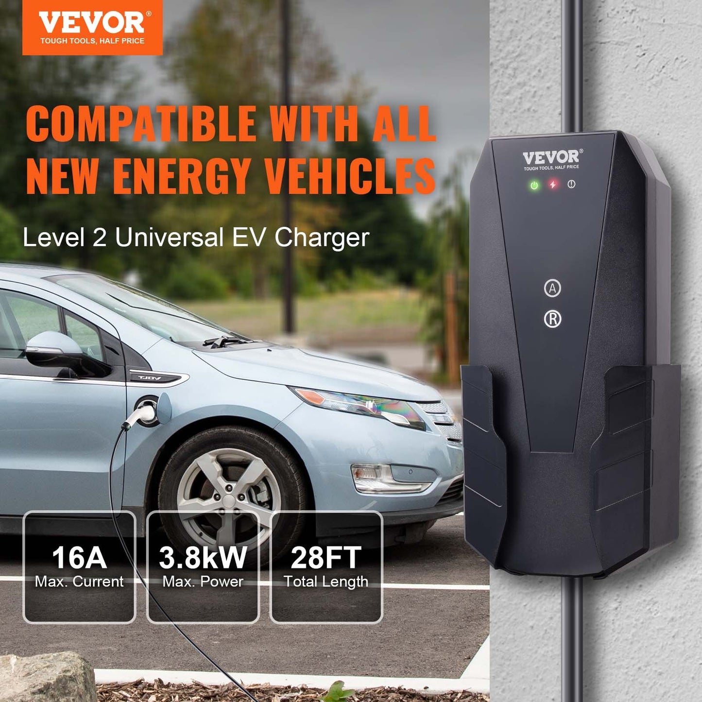 (New Open Box) VEVOR Level 2 Portable EV Charger, 16 Amp 240V, Electric Vehicle Charger with 28-Foot Charging Cable NEMA 10-30P Plug, 8/10/13/16A Adjustable Current Plug-in Home EV Charging Station for SAE J1772 EVs