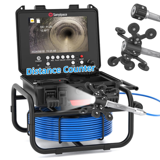 (New Open Box) Sanyipace Drain Camera 100FT/30M, 23mm/0.9in FHD Sewer Inspection Camera, 5X Zoom, Distance Counter, 9" IPS Screen, DVR & Voice Recorder, 16GB Card, for Sewer Line, Pipe, Duct, Plumbing, Plumber, Home