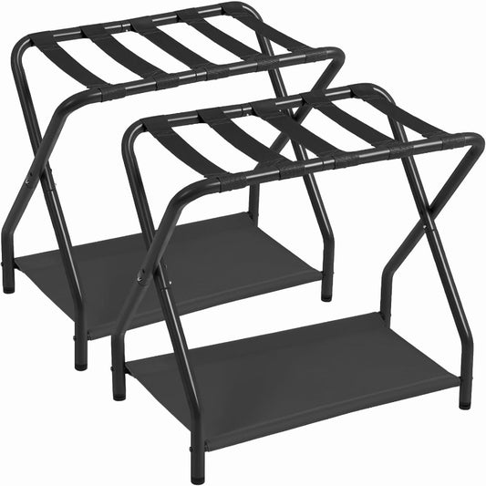 (New Open Box) AMHANCIBLE Luggage Rack, Set of 2, Foldable Suitcase Stands for Guest Room, Metal Luggage Holder with Storage Shelf for Bedroom, Hotel, Easy Assemble, Black HLR02BK