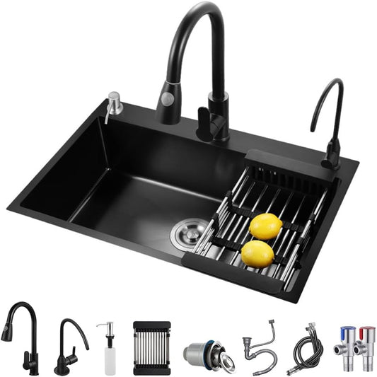 (New Open Box) Black Kitchen Sink, Stainless Steel Single Bowl Sink, Drop in/Topmount Workstation Sink with Sliding Accessories, Farmhouse Workstation Sink with Multiple Accessories (19.7 x 17.7in)