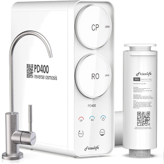 (New Open Box) Frizzlife Reverse Osmosis System - Tankless 400 GPD Drinking Water Filtration System, Quick Twist Under Sink RO Filter - 1.5 : 1 Pure to Drain - Reduce TDS, Compact Footprint, USA Tech Support, PD400