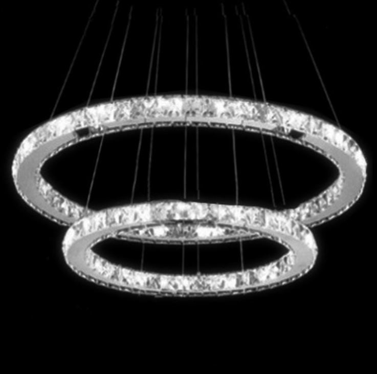 Modern LED Crystal Chandelier Light Fixtures 2 Ring Round Pendant Lighting Stainless Steel Chrome