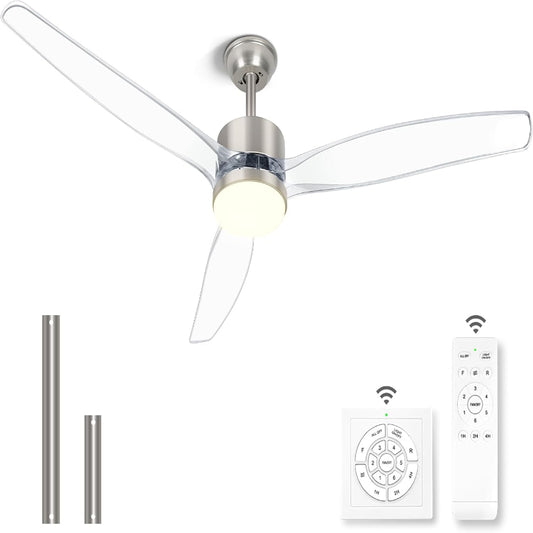 (New Open Box) OKELI 52 Inch Ceiling Fan with Light, Clear Ceiling Fans with Light and Remote 3 Reversible Blade