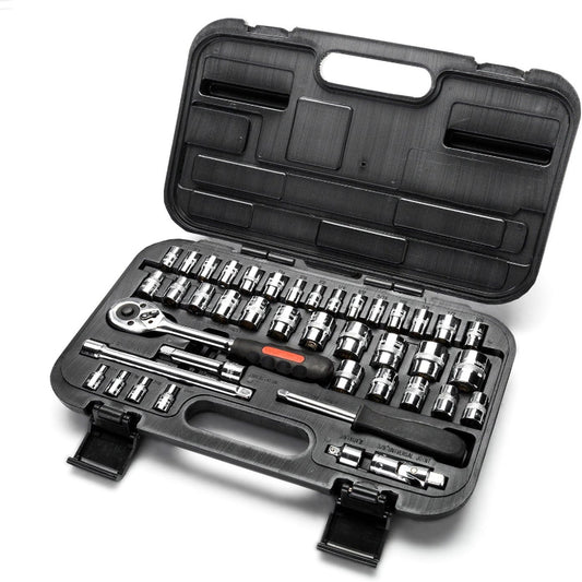 (New Open Box) MAXPOWER 42-Piece 1/4" & 3/8" Dr. Socket Wrench Set - Metric + SAE - with Included Sockets, Ratchet Handle, Extension Bars, Universal Joint, Adapter, Spinner Handle, and Carrying Case