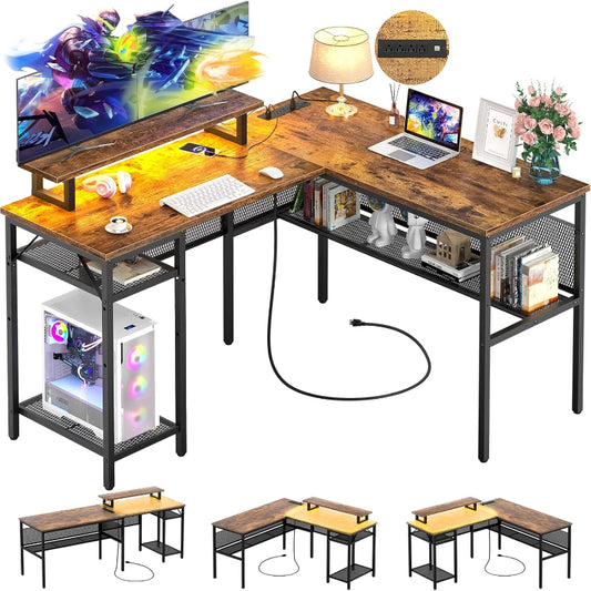 (New Open Box) Cyclysio L Shaped Gaming Desk with LED Lights, 55'' Computer Desk with Power Outlet, Reversible Corner Desk with Open Storage Shelves, Office Desk with Monitor Stand, Home Office, Workstation, Rustic