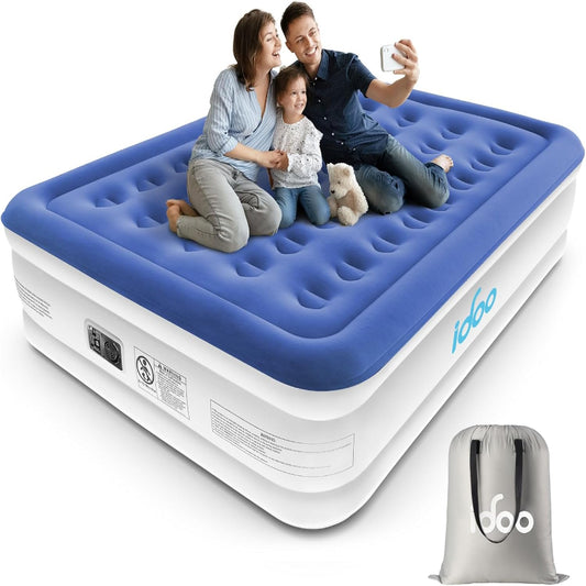 (New Open Box) iDOO Luxury Queen Air Mattress with Built in Pump, Inflatable Mattress for Camping, Guests & Home, Comfort Blow up Mattress, Durable, Portable & Waterproof Airbed, Matelas Gonflable Double