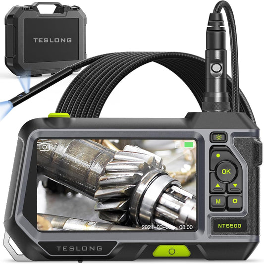 (New Open Box) Teslong NTS500 Dual Lens Endoscope with Light, 5" Monitor Industrial Borescope Waterproof Inspection Camera with 0.21in Front & Side-View Double Lens, 9.8FT Probe, 5inch IPS LCD Screen & Carrying Case