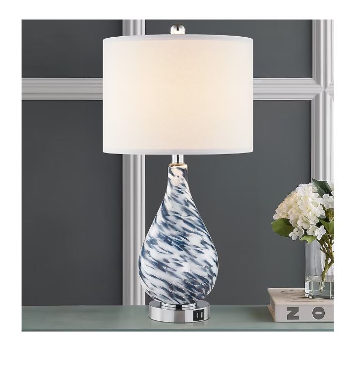 (Brand New) 24-in Blue Glass LED Touch Table Lamp | Linen Shade | TD-136