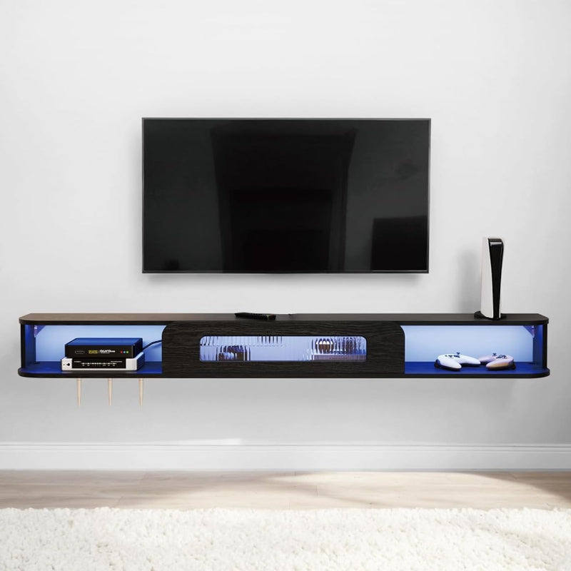 (New Open Box) Bixiaomei Floating TV Stand with LED Lights, 47'' Solid Wood Wall Mounted TV Cabinet with Glass Door, Mid-Century Entertainment Media Console Center Large Storage Shelf Under TV (47.24IN, Black)
