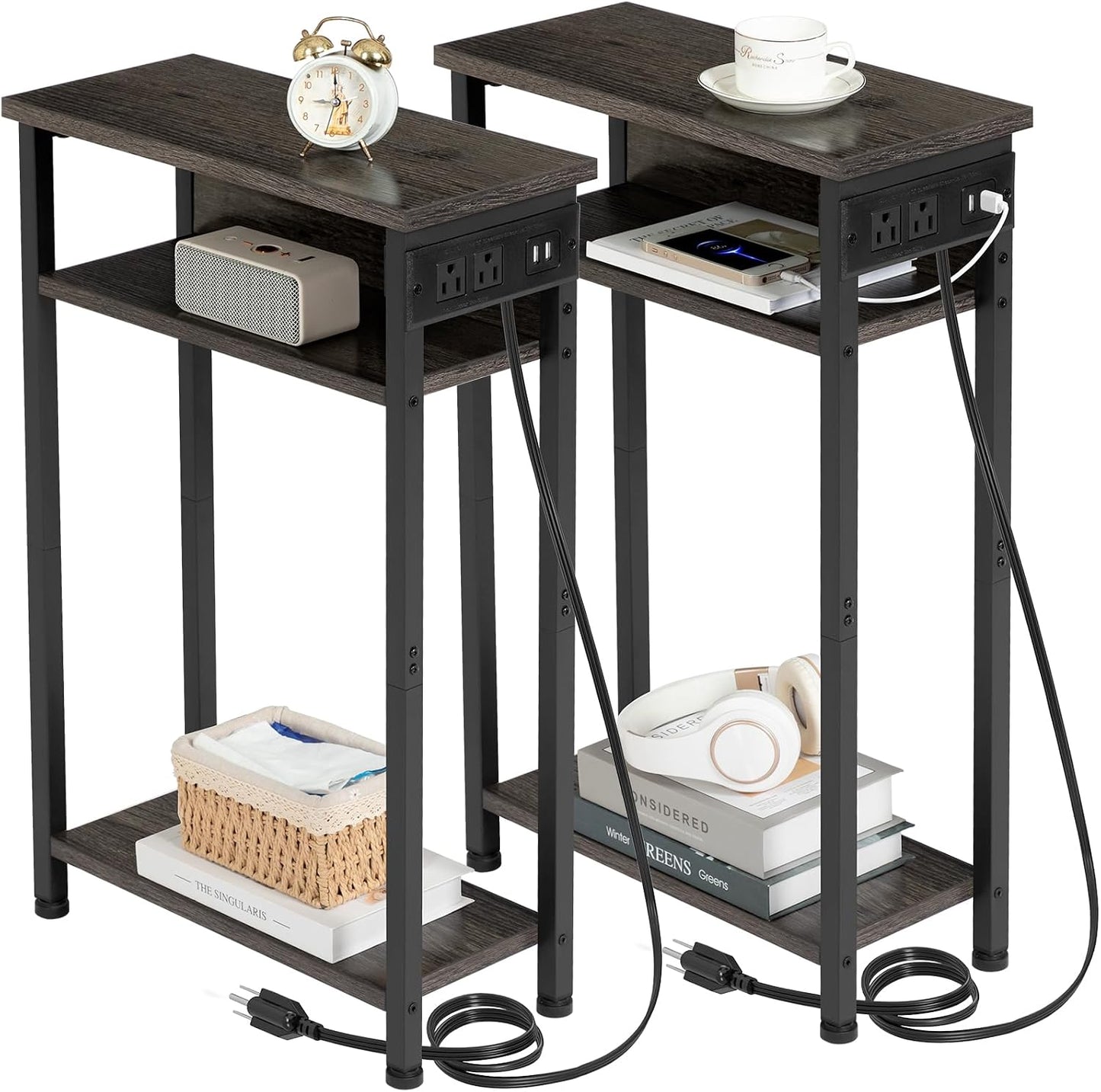 (New Open Box) AMHANCIBLE Narrow Side Table, Small End Tables for Small Spaces, 3 Tier Slim Night Stand Set 2 with Charging Station, Skinny Sofa Beside Table with Storage Shelf, Dark Grey HETN03DG