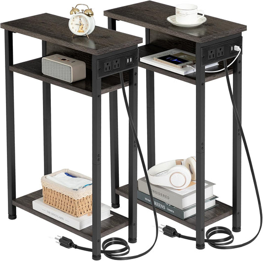 (New Open Box) AMHANCIBLE Narrow Side Table, Small End Tables for Small Spaces, 3 Tier Slim Night Stand Set 2 with Charging Station, Skinny Sofa Beside Table with Storage Shelf, Dark Grey HETN03DG