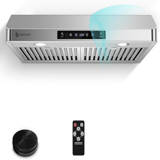 (New Open Box) AMZCHEF (LF0176C1) Under Cabinet Range Hood 30 Inch, 700CFM Stainless Steel Kitchen Stove Vent Hood 3 Speed Exhaust Fan Touch/Remote Control LED lights Time Setting Dishwasher-Safe Baffle Filters