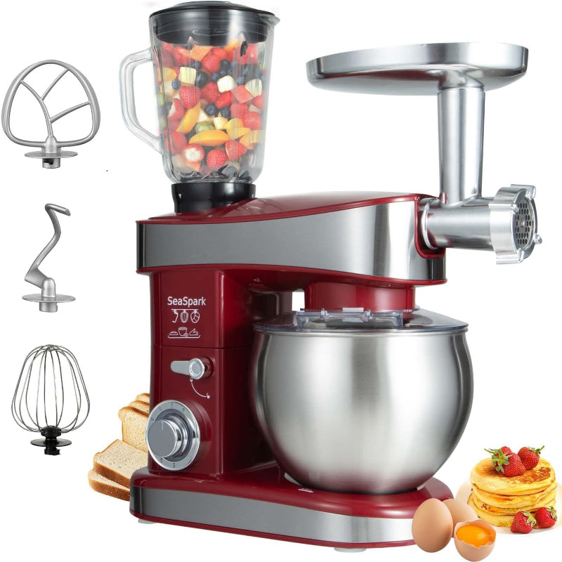 SeaSpark SC-213C Multifunctional Stand Mixer 6.3Qt 6-Speed Tilt-head, Electric Kitchen Mixer with Stainless Steel Bowl,Meat Grinder, Juice Blender