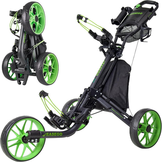 (New Open Box) EASEGO Golf Push Cart 3 Wheel : Golf Caddy Pull Cart, One Click Folding Golf Bag Cart Lightweight