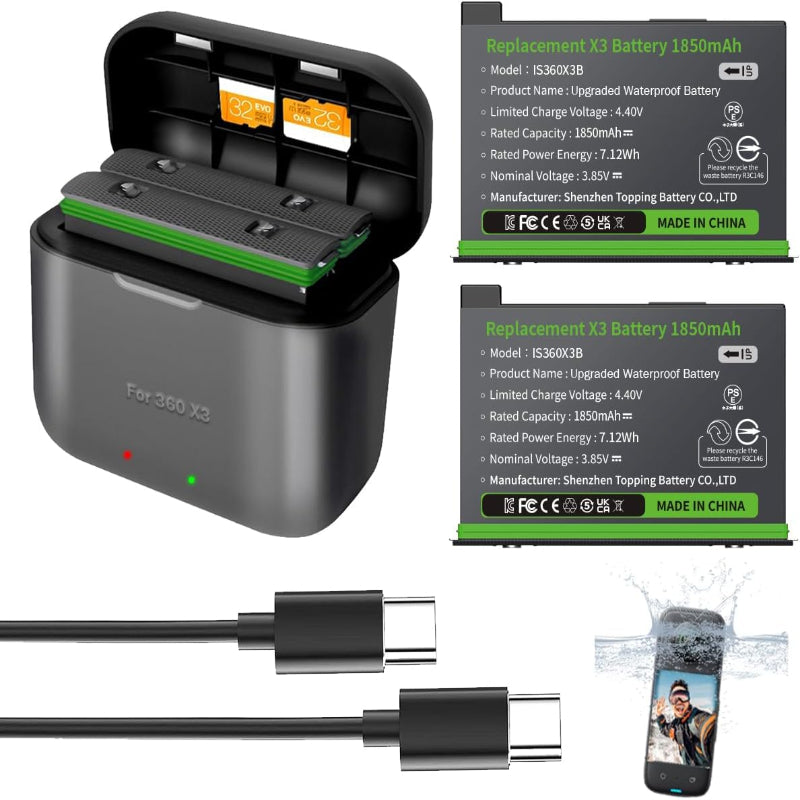 (Excellent) 2 Packs 360 X3 Batteries with Charger Hub for Insta 360 ONE X3 Battery 1800mAh