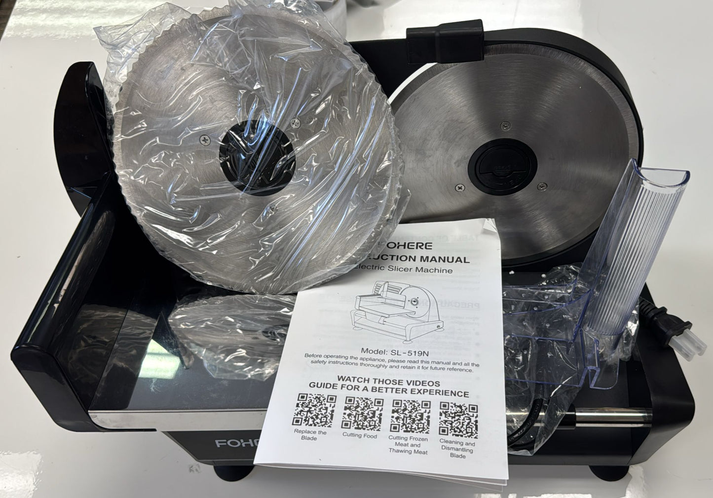 (New Open Box) FOHERE Electric Meat Slicer, 200W Deli & Food Slicer with Two 7.5'' Blade(Serrated & Smooth)