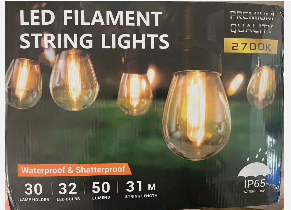 Led Filament String Lights 101FT 30+2 Bulbs, Waterproof Shatterproof Patio, Gazebo 2700k lumens