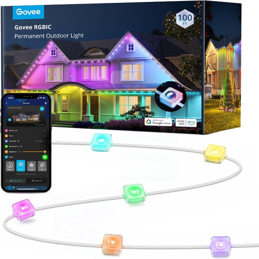 (New Open Box) Govee Permanent Outdoor Lights, Smart RGBIC Outdoor Decor with 75 Scene Modes, 100ft with 72 LED Lights, IP67 Waterproof for Outdoor Decorations, Work with Alexa, Google Assistant, White