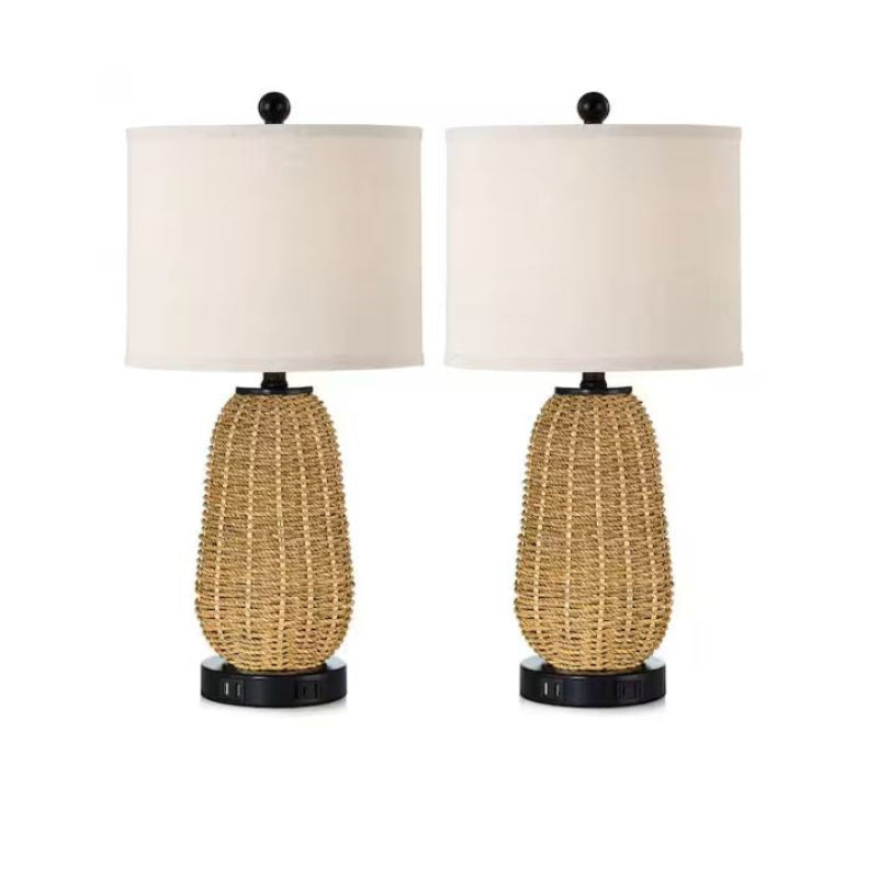 (New Open Box) 22.8-in Rattan Table Lamp Set of 2 | Wood Color • USB Ports • AC Outlet | TD-131