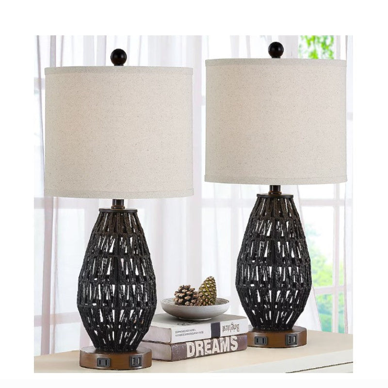 (New Open Box)  Rattan Table Lamp Set | 22.8" Black LED Touch Lamps  (TD-95)