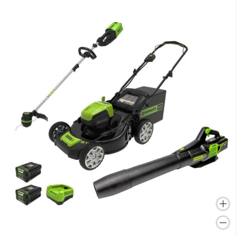 (New No Box) Greenworks 80V TRIO Combo 21-in Brushless Push Mower & 16-in Brushless String Trimmer