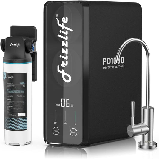 (New Open Box) Frizzlife 1000GPD Reverse Osmosis Water Filter, NSF/ASNI 58&53&42&372 Standard, Alkaline Mineral pH+ Reverse Osmosis System, 9-Stage Filtration Tankless RO, 2:1 Pure to Drain, Under Sink, PD1000-TAM4