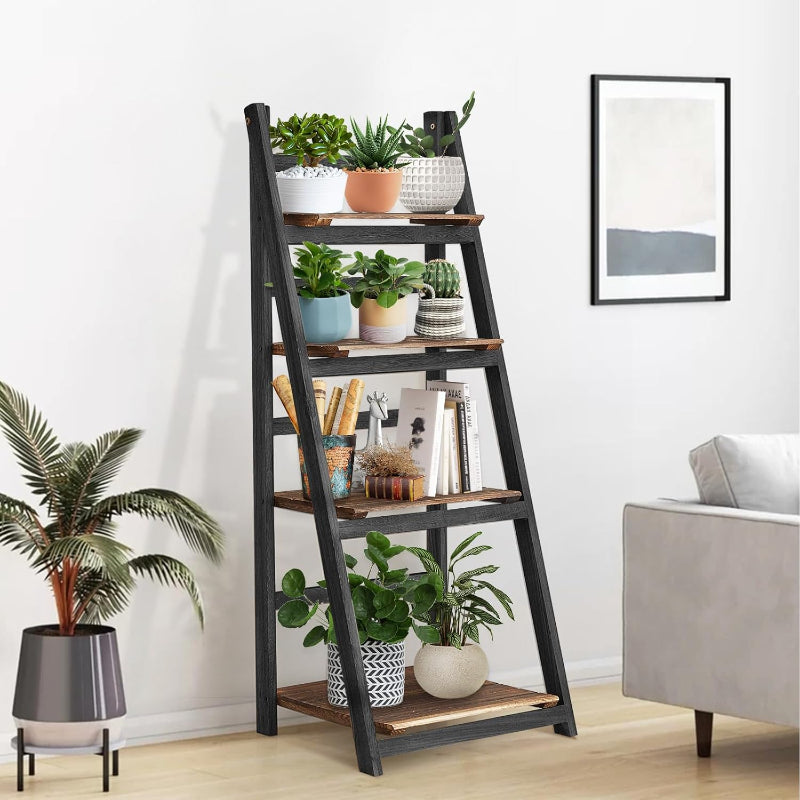(New Open Box) Ladder Shelf, 4 Tier Ladder Shelves Rustic Solid Wood Ladder Shelf