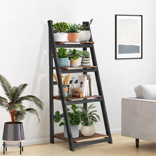 (New Open Box) Ladder Shelf, 4 Tier Ladder Shelves Rustic Solid Wood Ladder Shelf