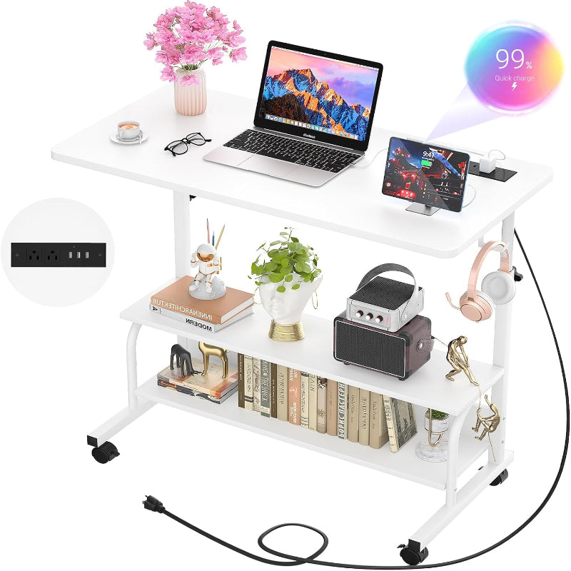 (New Open Box)   Cyclysio 39" Adjustable Height Standing Desk | White • Charging Station • Rolling Mobile Desk • Storage