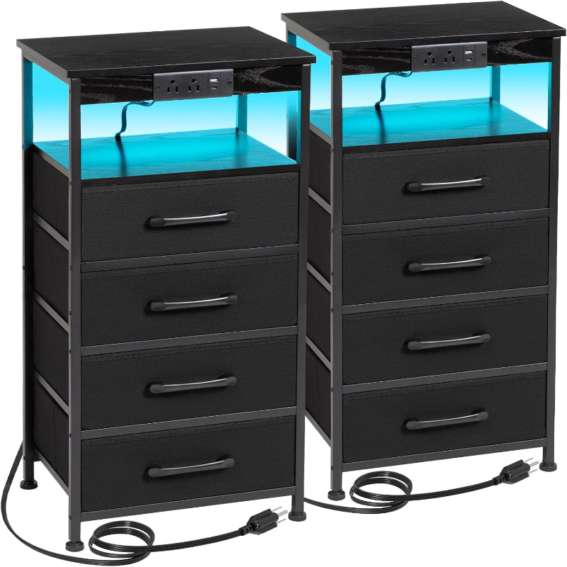 (New Open Box) AMHANCIBLE C Shaped End Table with Charging Station, TV Tray Set of 2 with Storage, Couch Tables That Slide Under, Sofa Table for Living Room, Bedroom BST004BK