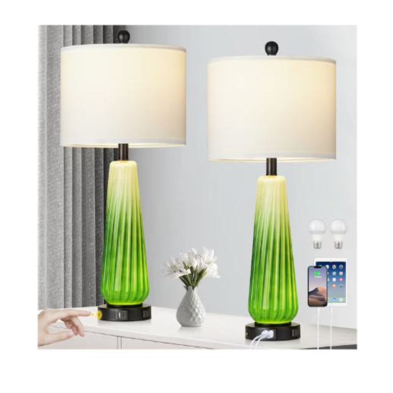 (Brand New) 27.5-in Green LED Table Lamp Set of 2 | Rotary Socket • Linen Shade | TD-257