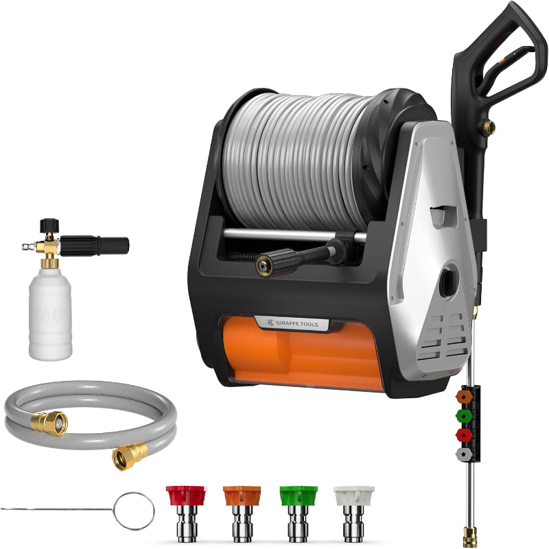(Excellent) Giraffe Tools Wall Mounted Pressure Washer PRO with Upgraded 1800W Brushless Motor, Max 3700PSI Electric Power Washer with 100ft Detachable Hose for Car/Patios, Automatic Rewind, Any Length Lock