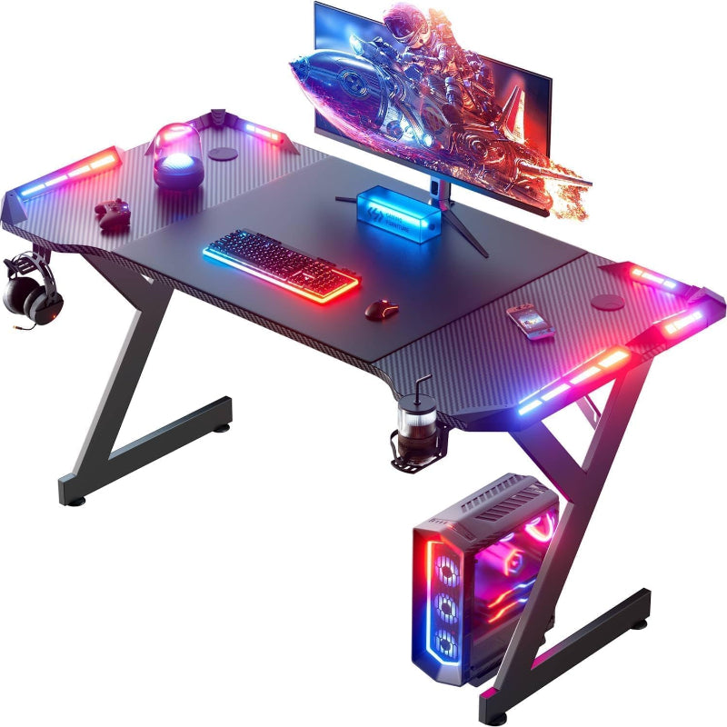 (New Open Box) HLDIRECT 47 Inch Gaming Desk with LED Lights, Home Office Gamer Desk, Ergonomic Computer Desk with Large Carbon Fiber Desktop, Computer Table with Cup Holder & Headphone Hook for Home Office