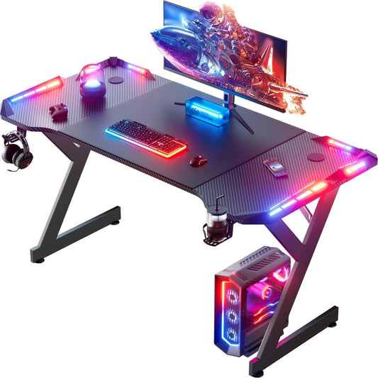 (New Open Box) HLDIRECT 47 Inch Gaming Desk with LED Lights, Home Office Gamer Desk, Ergonomic Computer Desk with Large Carbon Fiber Desktop, Computer Table with Cup Holder & Headphone Hook for Home Office