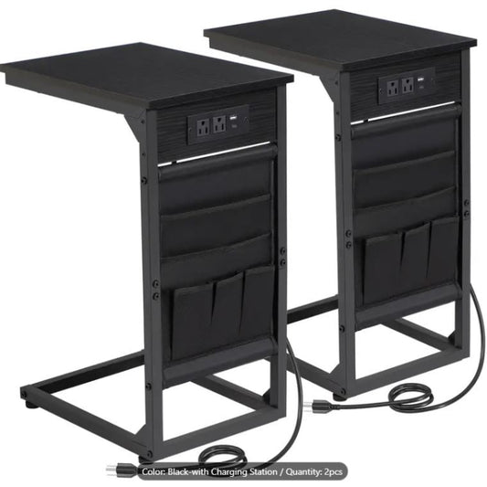 (New Open Box) 2pcs C-Shaped End Table, Sofa Small Side Table with Charging Station, (DS0020)