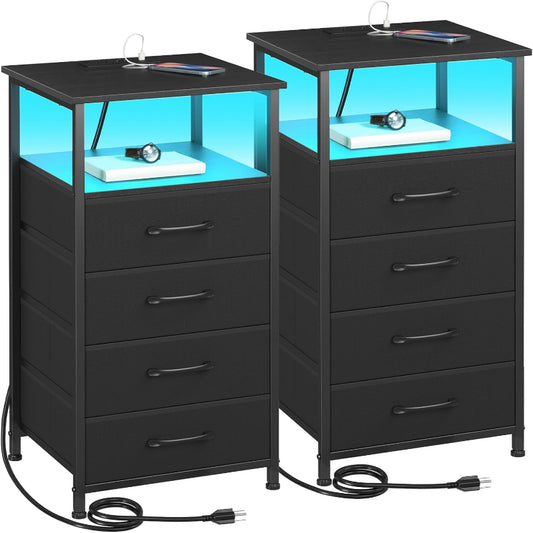 (New Open Box) LOAKEKEL Night Stand Set 2, LED Nightstand with Charging Station, HNS014BK (DS0061)