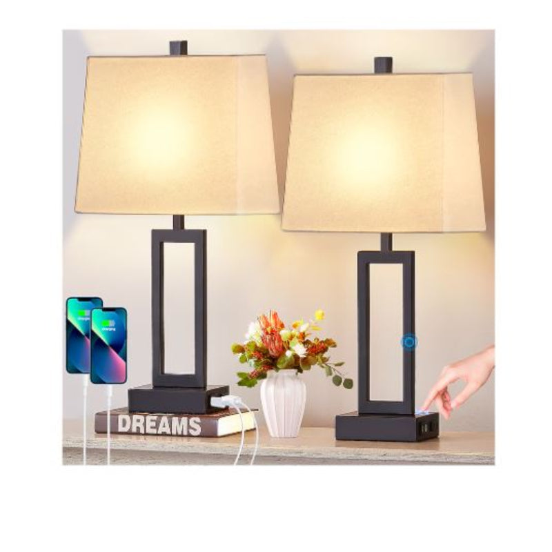 (Brand New) 23-in Black LED Touch Table Lamp Set of 2 | White Linen Shade | TD-158