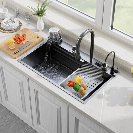 (New Open Box) Muiceon Black-Grey Nano Kitchen Sink with Waterfall 33x19x9 Inch