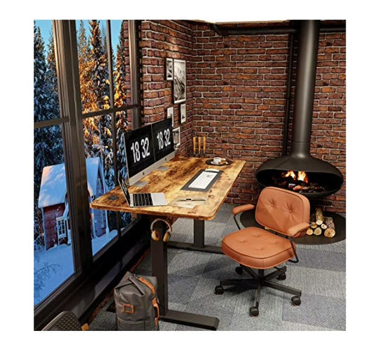 (New Open Box) FEZIBO Height Adjustable Electric Standing Desk, 55 x 24 Inches Stand up Table, Sit Stand Home Office Desk with Splice Board, Black Frame/Rustic Brown Top