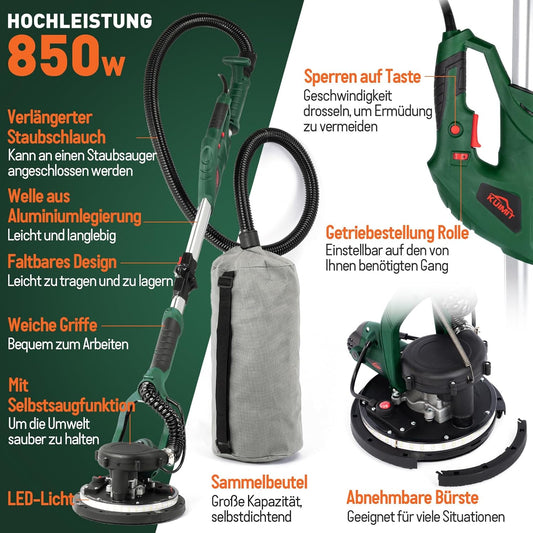 (New Open Box) KUIMIT Drywall Sander, 850W Electric Sander with 12 Pcs Sanding Discs, 6 Variable Speed 800-1750 RPM Wall Sander with Extendable Handle, LED Light, Long Dust Hose, Storage Bag