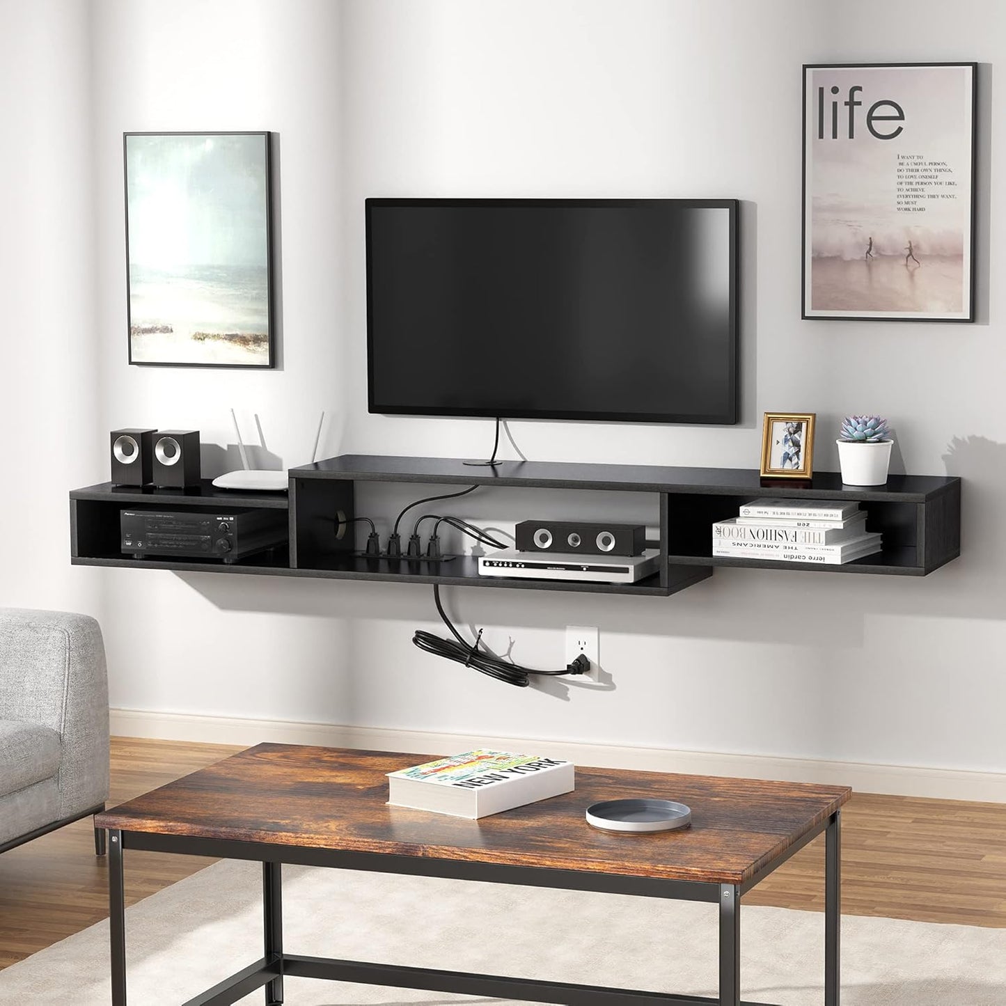 (New Open Box) FABATO 71" Floating TV Stand with Power Outlet Wall Mounted Media Console Cabinet Shelf Under TV for Cable Box Audio Video Black