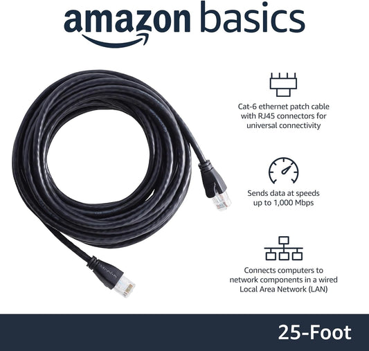 (New No Box) Amazon Basics RJ45 Cat-6 Ethernet Network Cable for Fast Gaming, 1Gbps Transfer Speed, Durable Gold-Plated Connectors, 25 Foot (7.6 Meters), Black