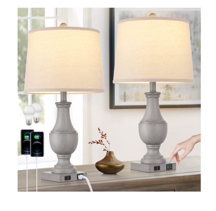 (Brand New) 25-in Grey LED Touch Table Lamp Set of 2 | Linen Shade | TD-201