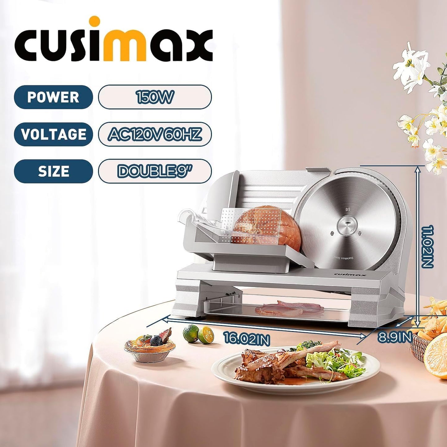 (New Open Box) CUSIMAX Electric Meat Slicer – CMFS-9028 | Double 9" Stainless Steel Blades